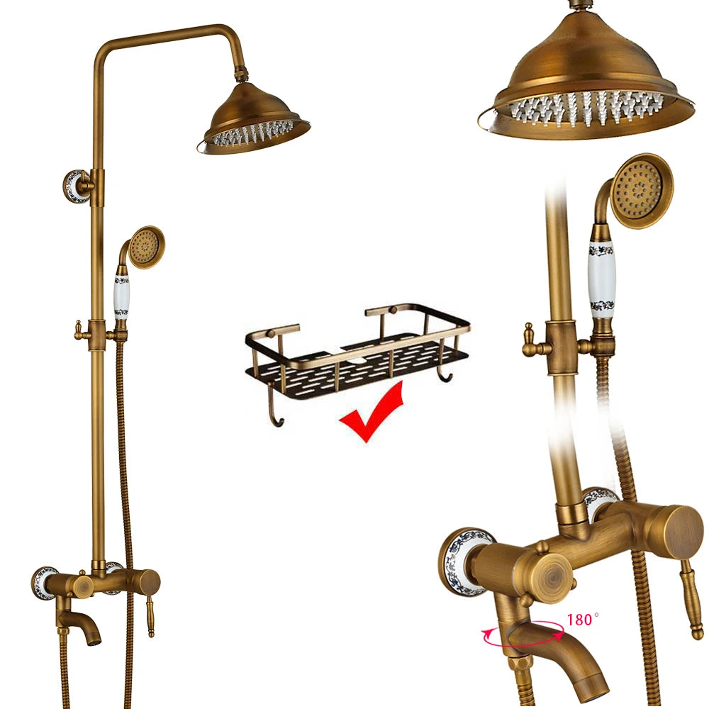 Rozin Antique Brass In Wall Shower Faucet Set With Hand Shower Dual Handle