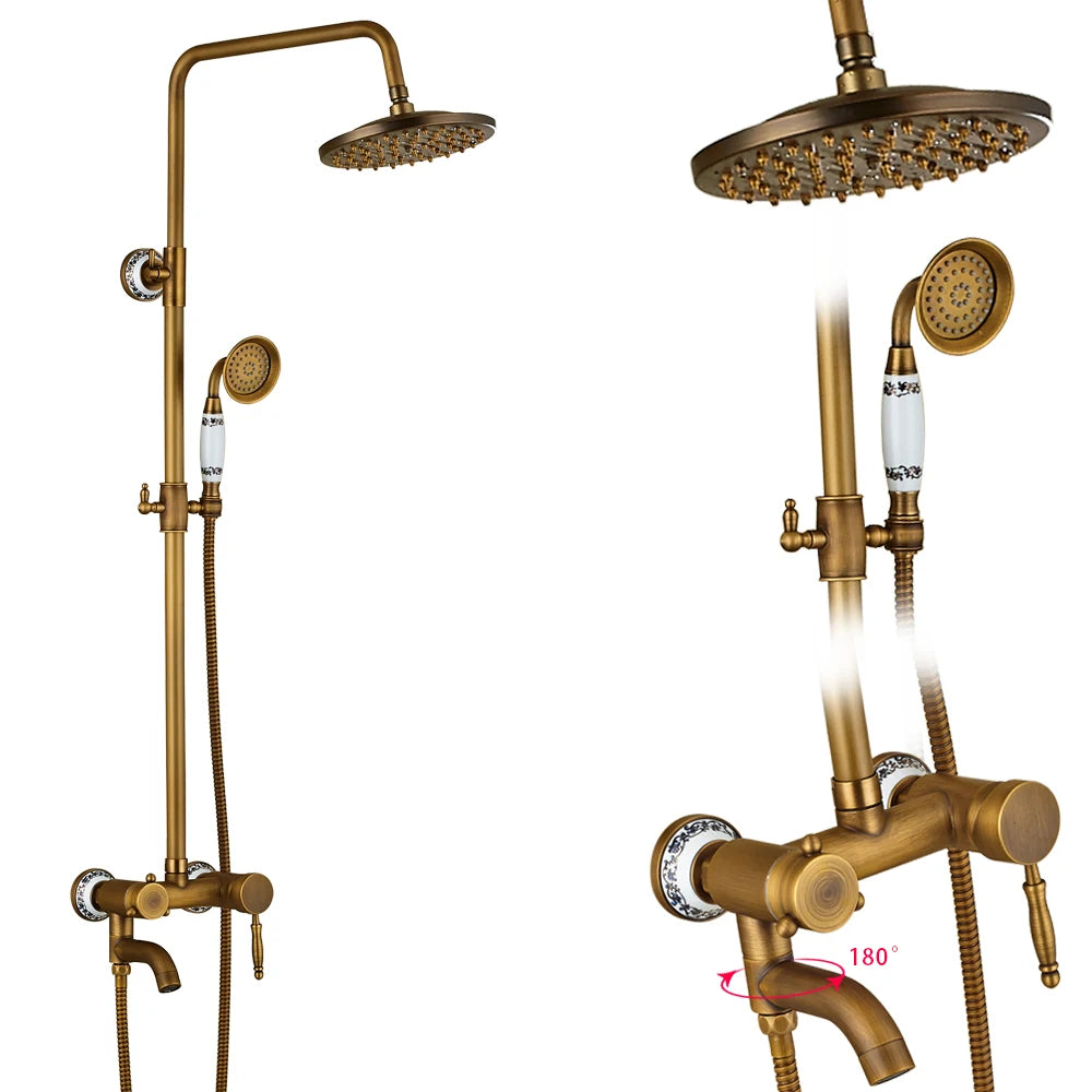 Rozin Antique Brass In Wall Shower Faucet Set With Hand Shower Dual Handle