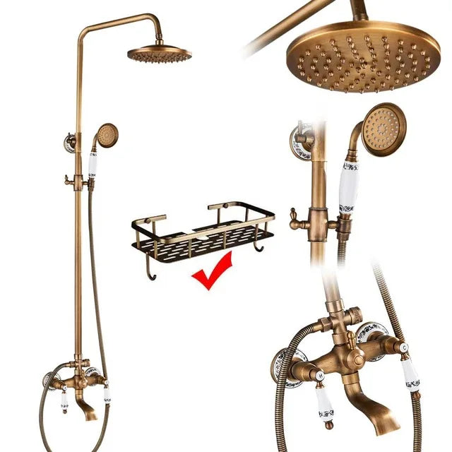 Rozin Antique Brass In Wall Shower Faucet Set With Hand Shower Dual Handle