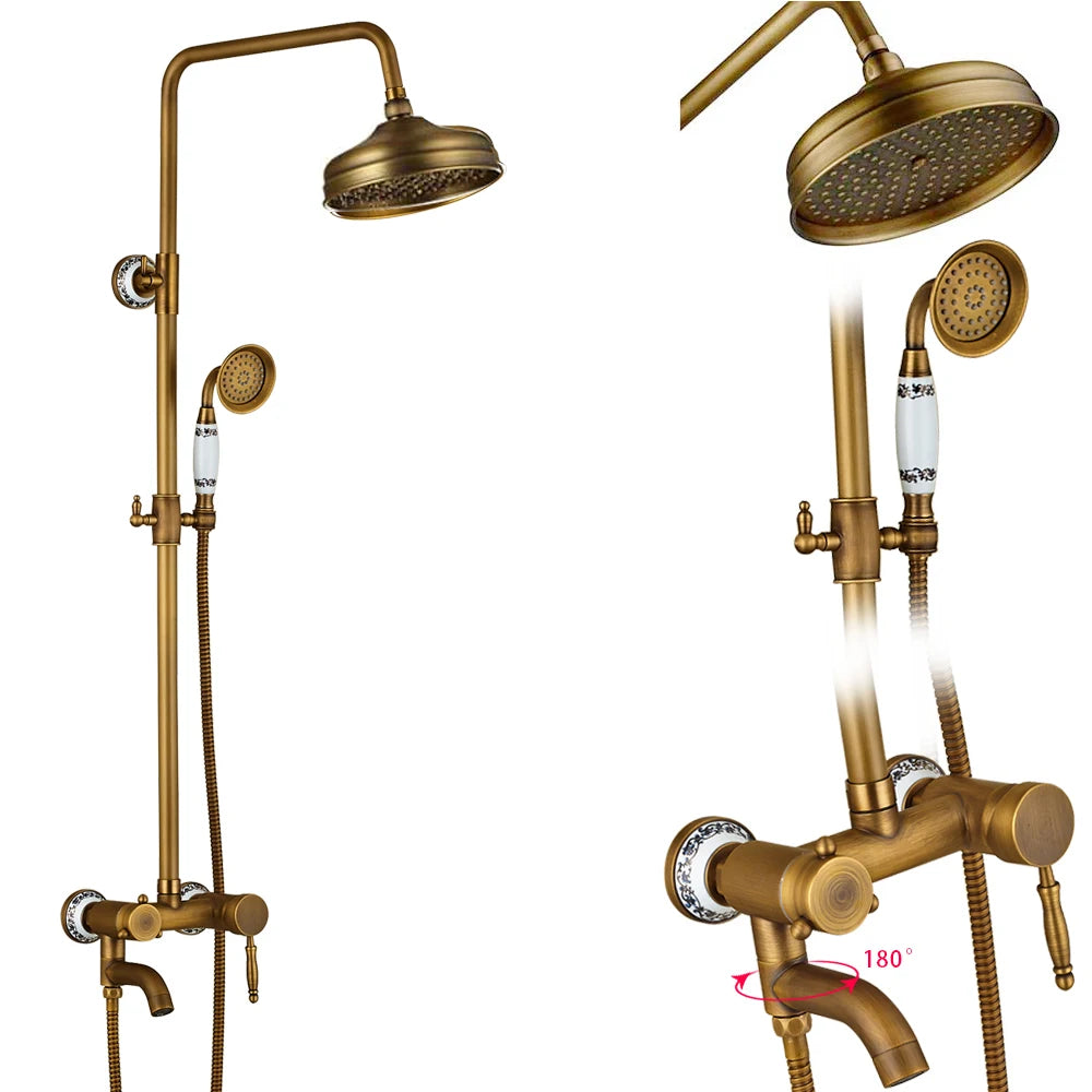 Rozin Antique Brass In Wall Shower Faucet Set With Hand Shower Dual Handle