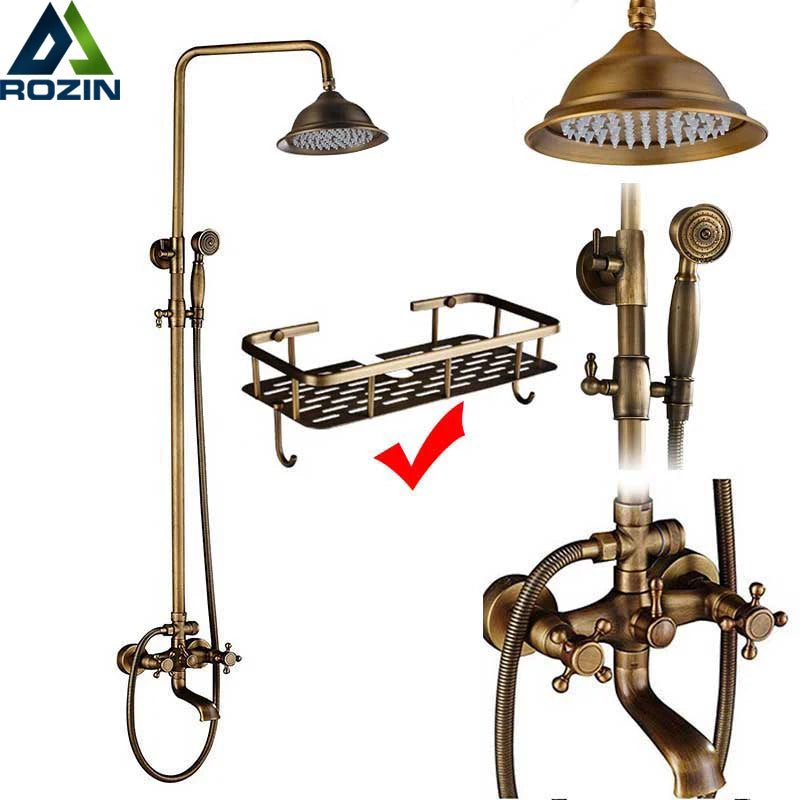 Rozin Antique Brass In Wall Shower Faucet Set With Hand Shower Dual Handle