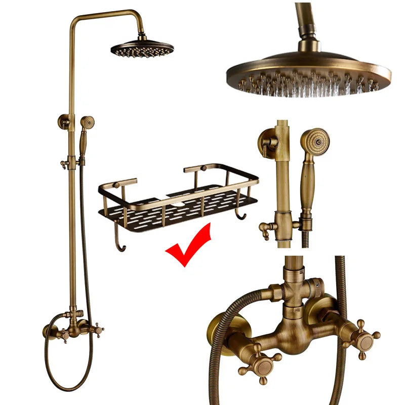 Rozin Antique Brass In Wall Shower Faucet Set With Hand Shower Dual Handle