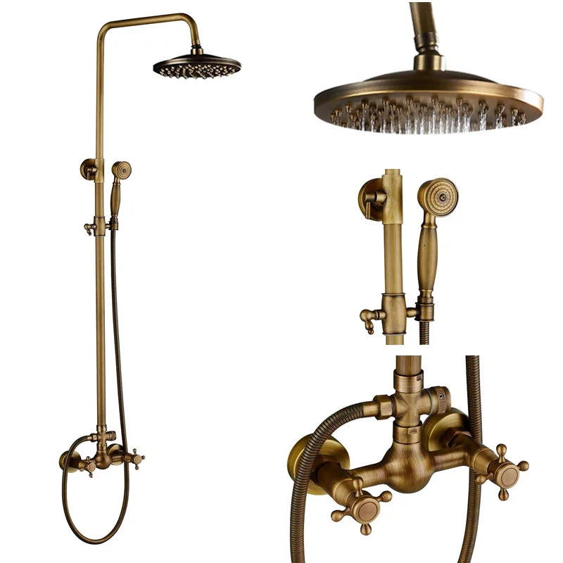 Rozin Antique Brass In Wall Shower Faucet Set With Hand Shower Dual Handle
