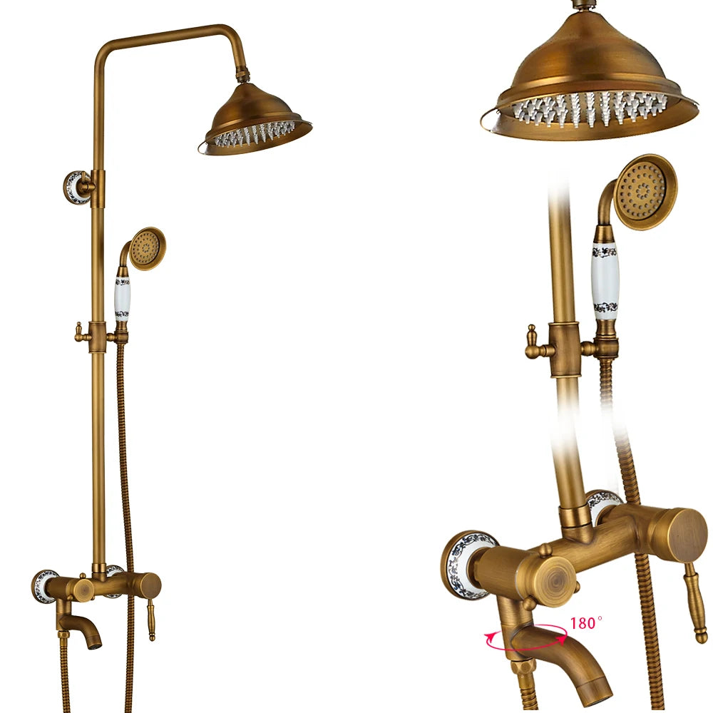 Rozin Antique Brass In Wall Shower Faucet Set With Hand Shower Dual Handle