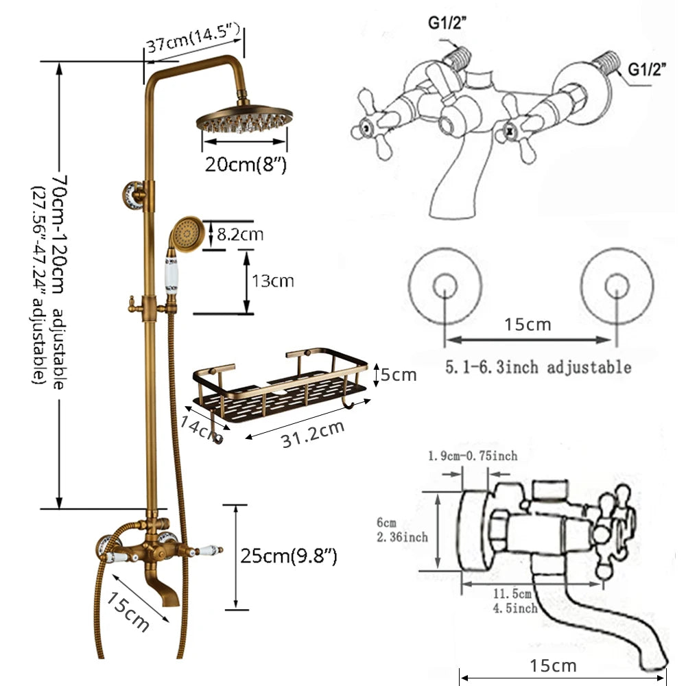 Rozin Antique Brass In Wall Shower Faucet Set With Hand Shower Dual Handle