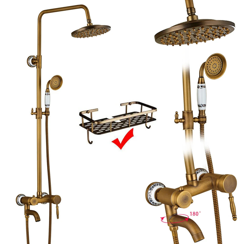 Rozin Antique Brass In Wall Shower Faucet Set With Hand Shower Dual Handle