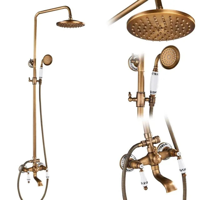 Rozin Antique Brass In Wall Shower Faucet Set With Hand Shower Dual Handle