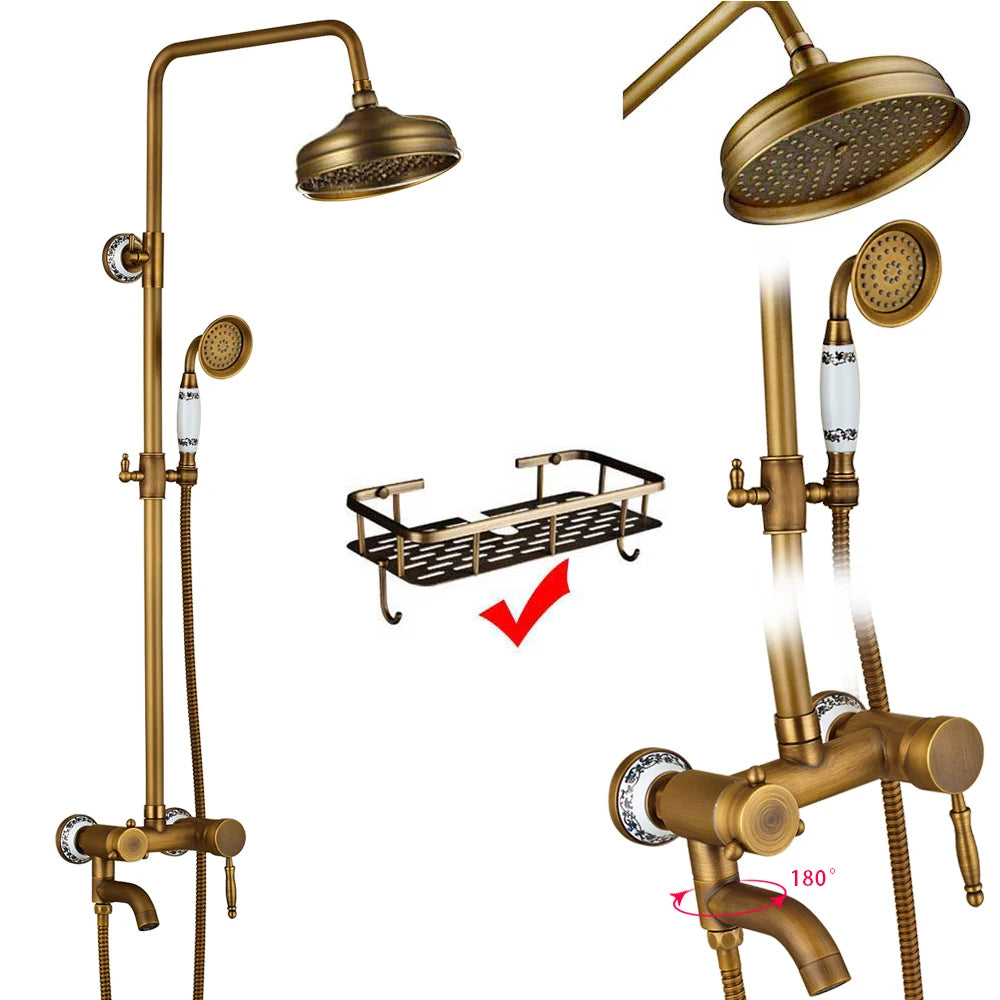 Rozin Antique Brass In Wall Shower Faucet Set With Hand Shower Dual Handle