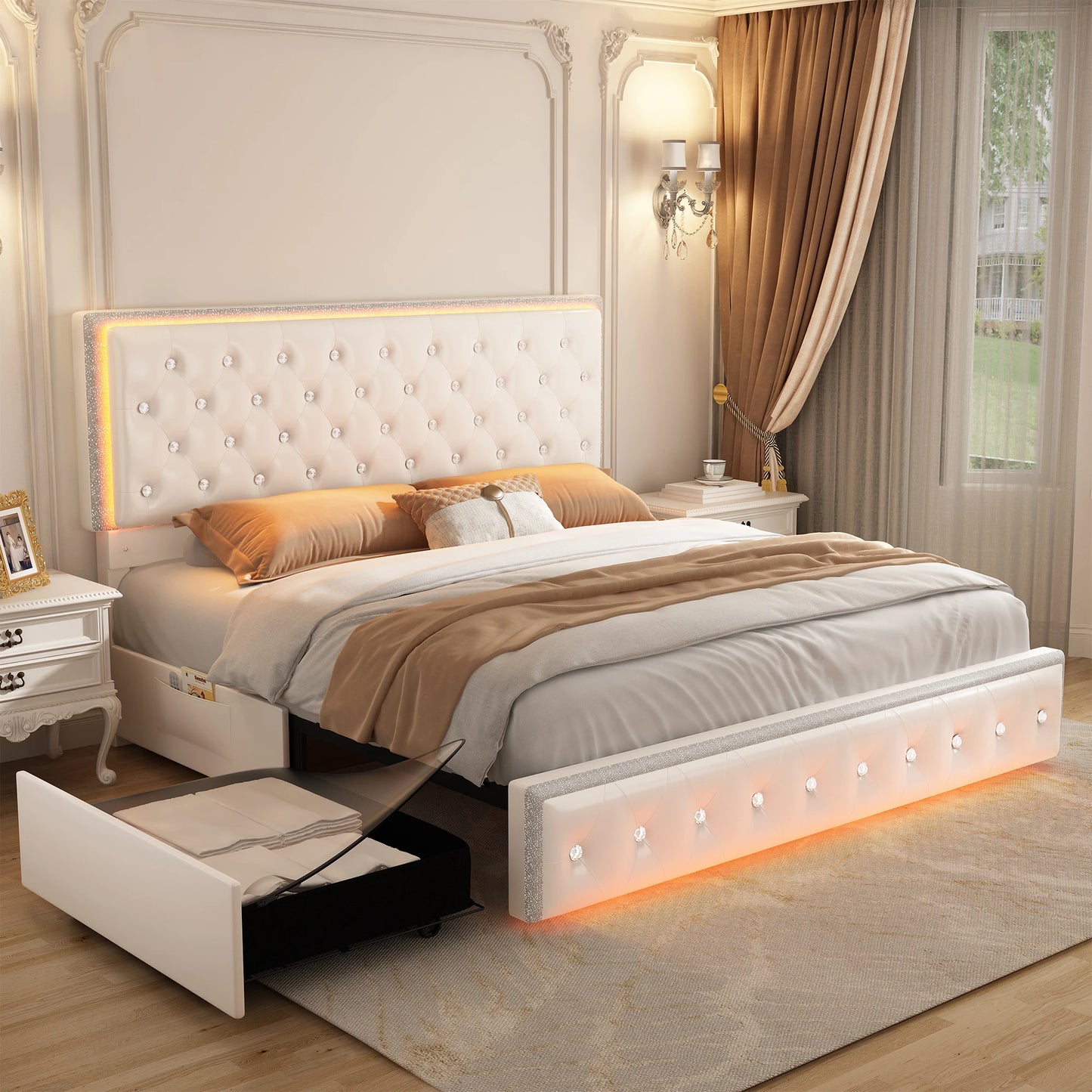 NONECN Queen LED PU Bed Frame with Storage Drawers