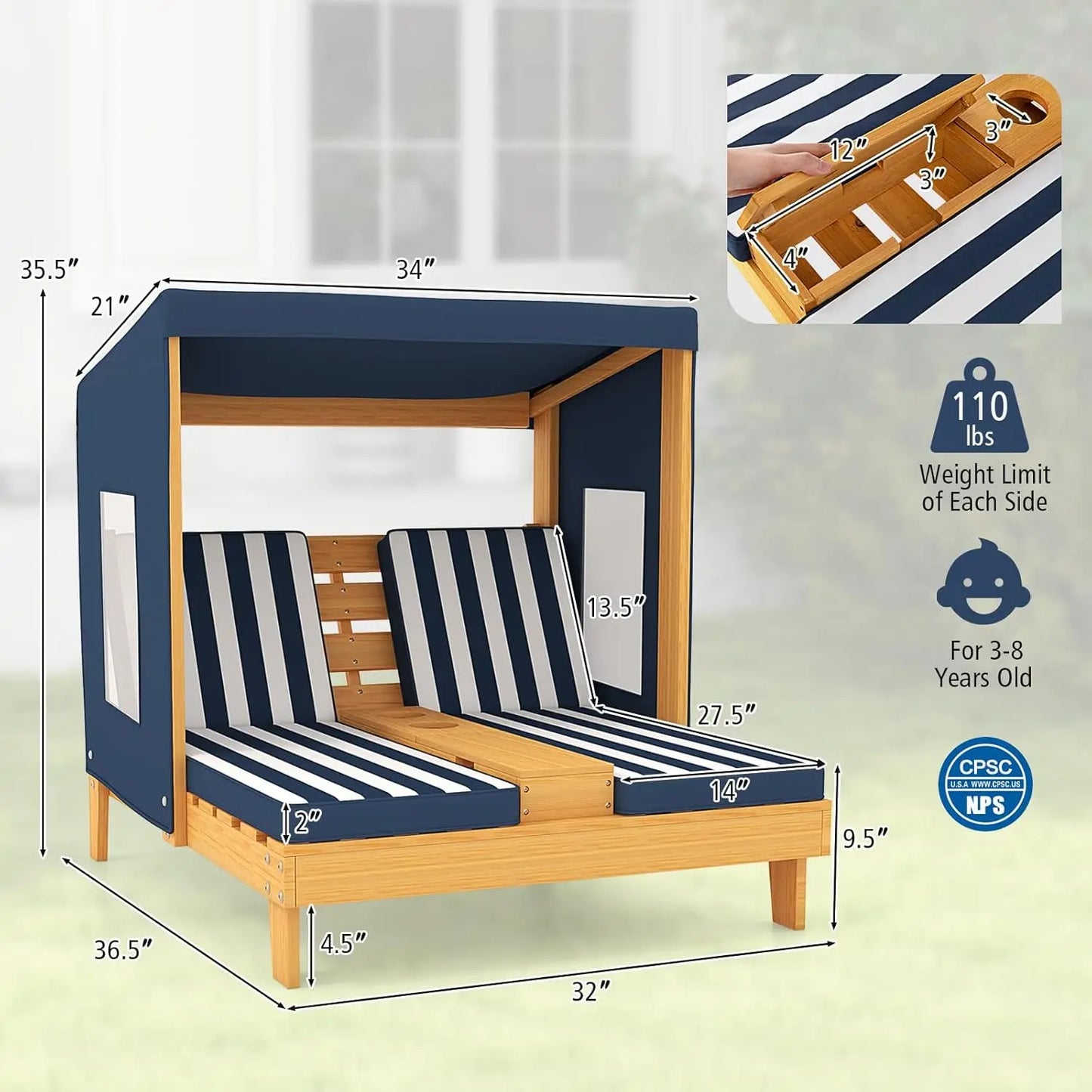 Kids Outdoor Wooden Lounge Chair With Canopy And Cup Holders
