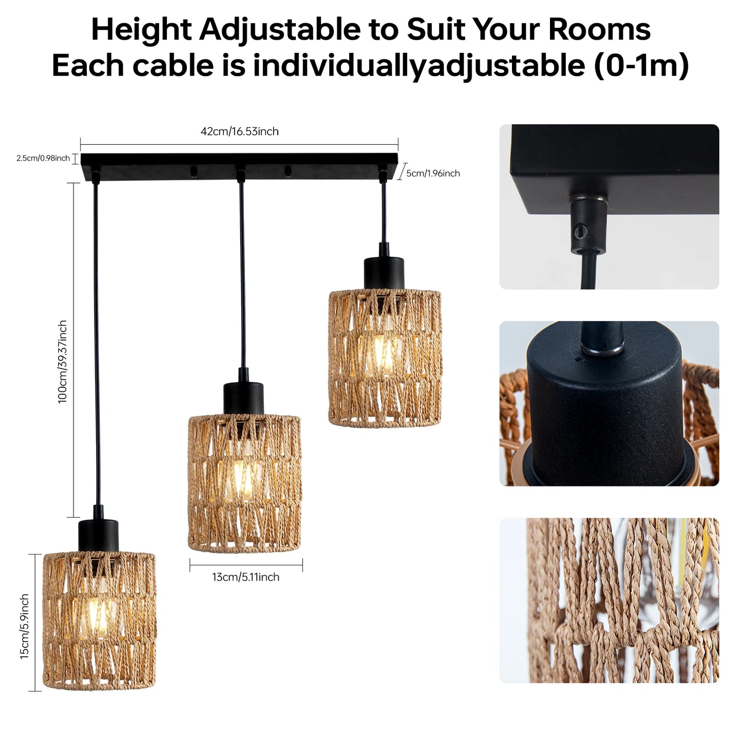 Light Pendant Lighting, Farmhouse Boho Hanging Light Fixture for Kitchen Island & Dining Room, Industrial Vintage Ceiling Lamp with E26 Base, Adjustable Height, Rattan Pendant Light