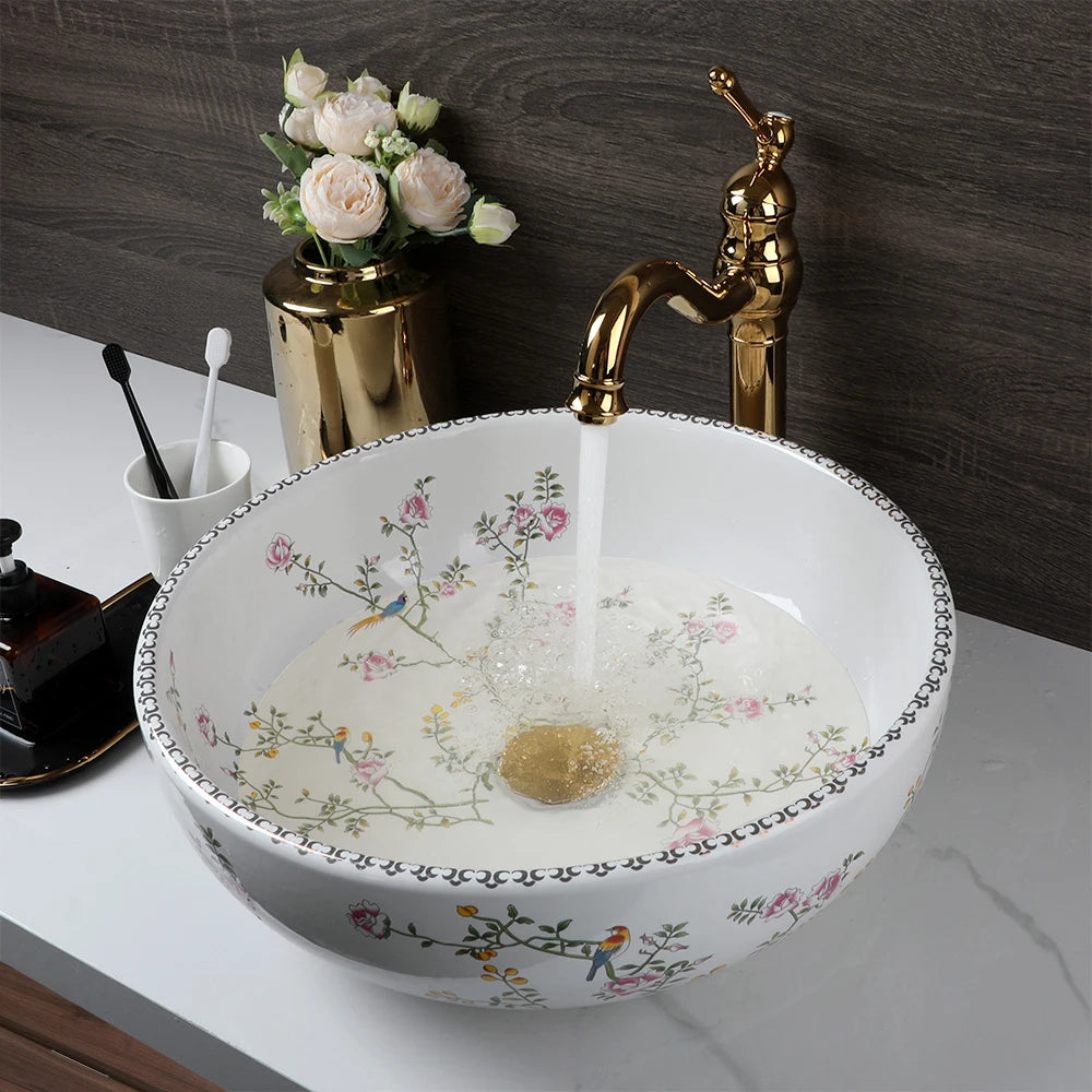 KEMAIDI Bathroom Ceramic Vessel Sinks White Round Porcelain Vessel Sink Counter Top Flower Bird Pattern Bowl Sinks for Bathrooms