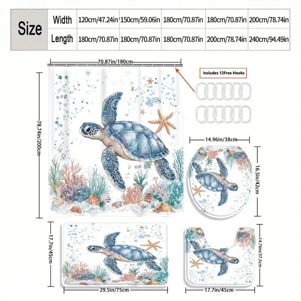 1/3/4PCS turtle-patterned shower curtain set, marine life theme, includes a U-shaped toilet seat cover and 12 hooks, bathroom decoration.