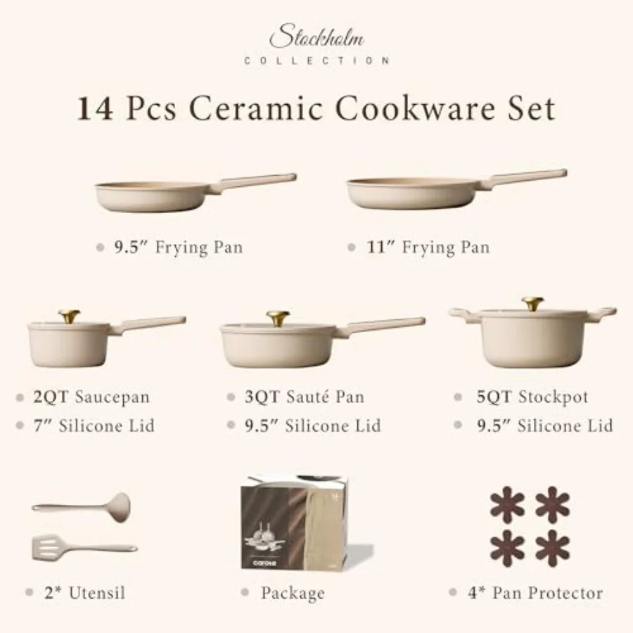 Ceramic Nonstick Cookware Set 14 Piece PFAS Free Non Toxic