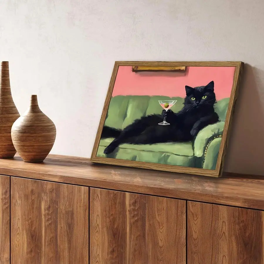 Black Cat Martini Wall Art Eclectic Cocktail Painting Canvas Print