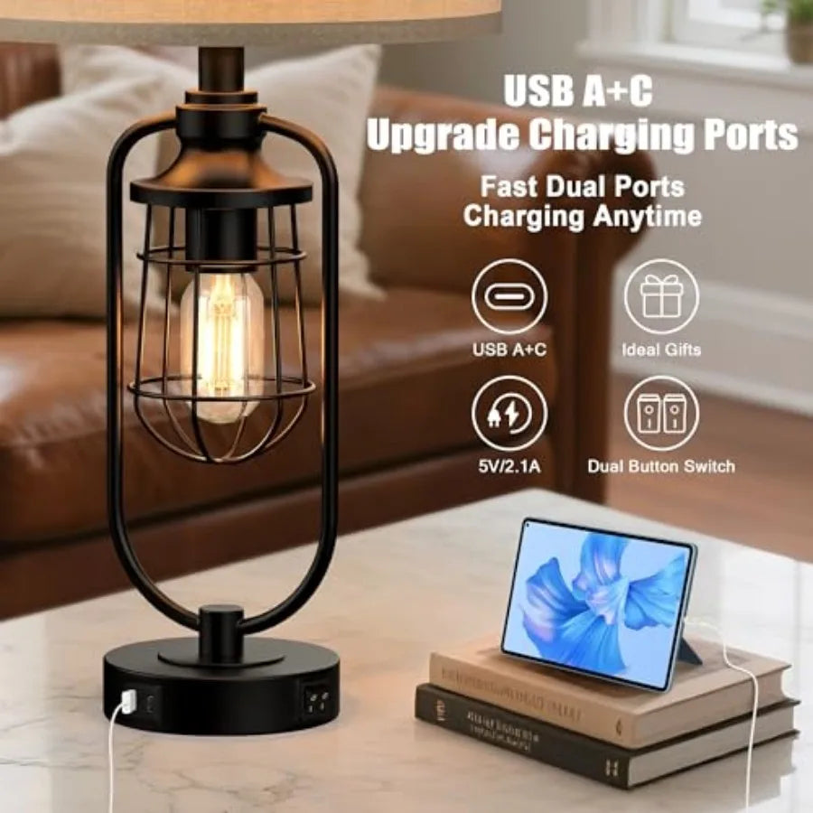 24" Farmhouse Table Lamps for Living Room Set of 2, Black Rustic Lamps for Night Stands with USB Ports, Industrial Bedside Lamp