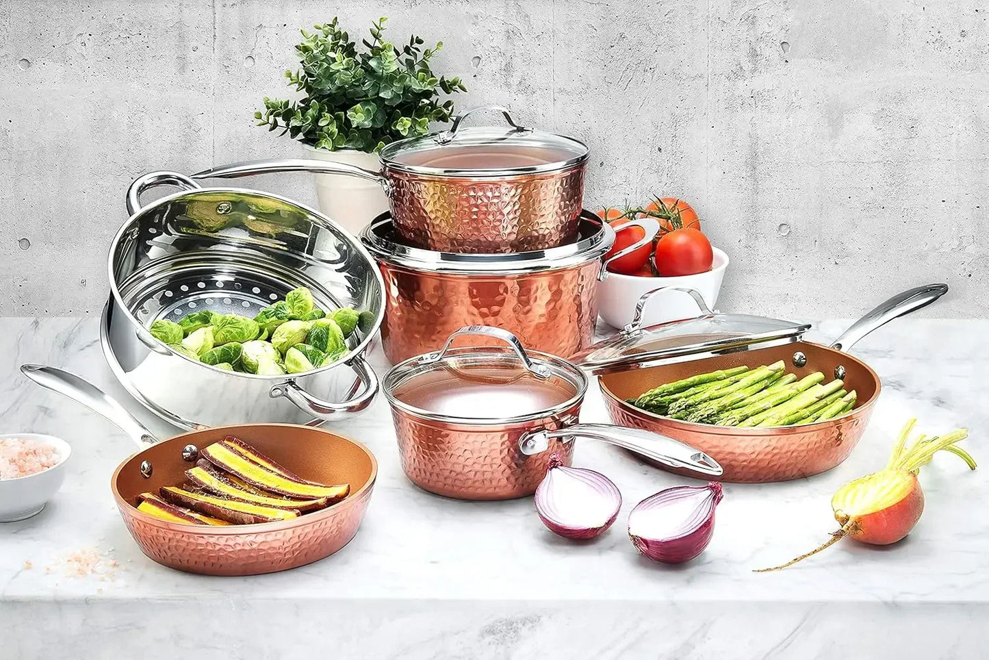 Hammered Collection Pots and Pans 10 Piece Premium Ceramic Cookware Set – with Triple Coated Ultra Nonstick Surface for Even Hea