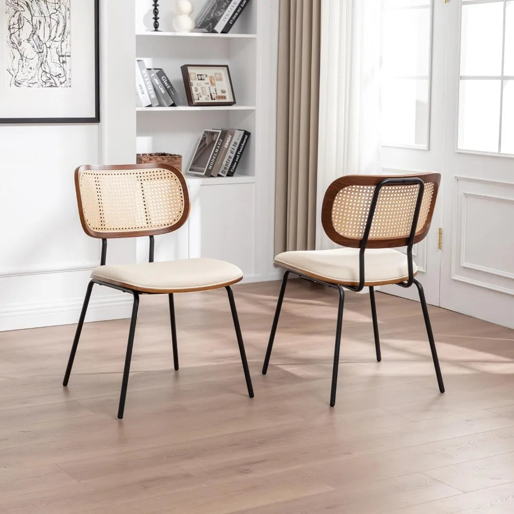 Rattan Dining Chairs Mid Century Modern Set Of 2 With Cane Back Faux Leather