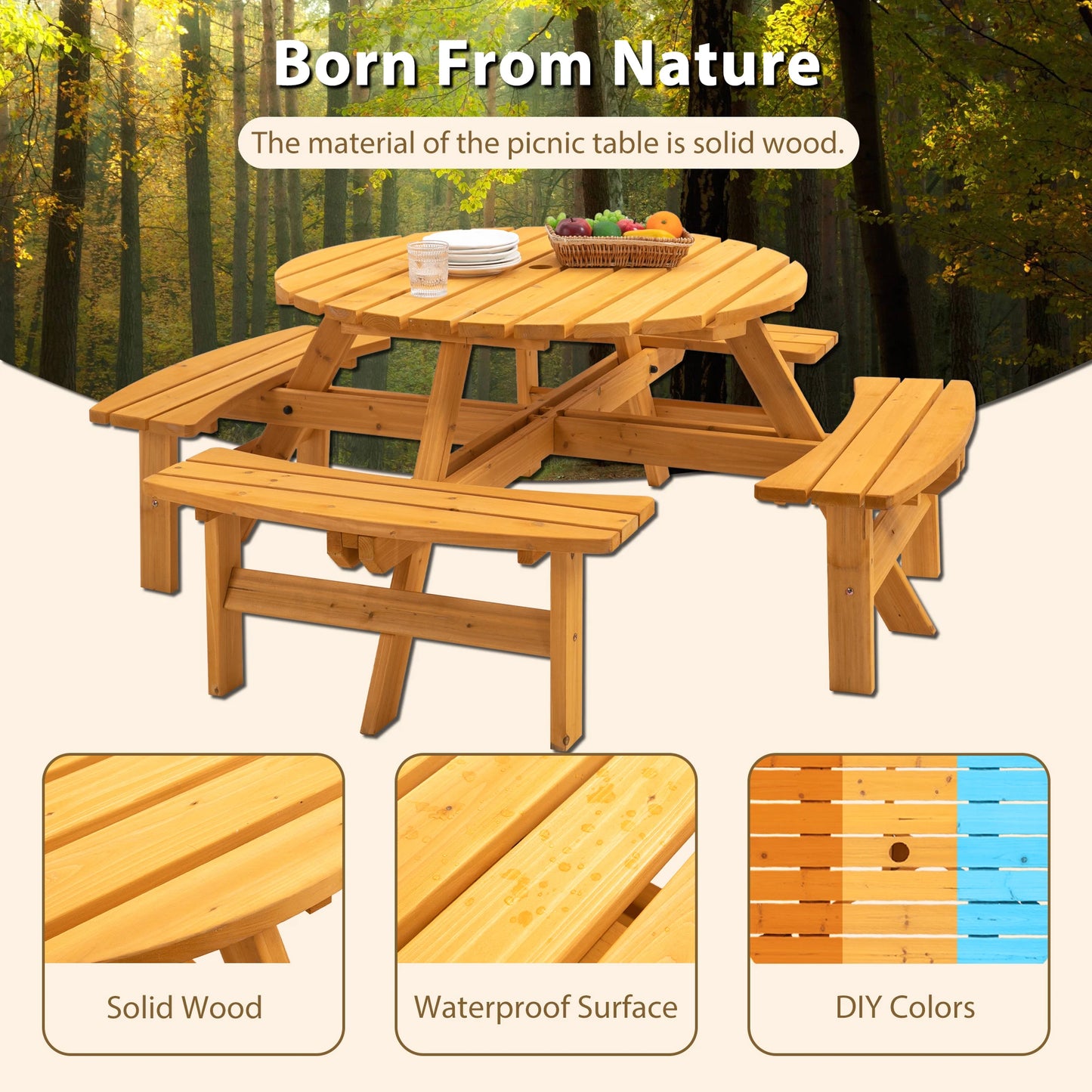 Solid Wood Round Outdoor Picnic Table Set with 4  Benches, Weather Resistant Patio Dining Furniture with Umbrella Hole for Garden Backyard Lawn BBQ Party