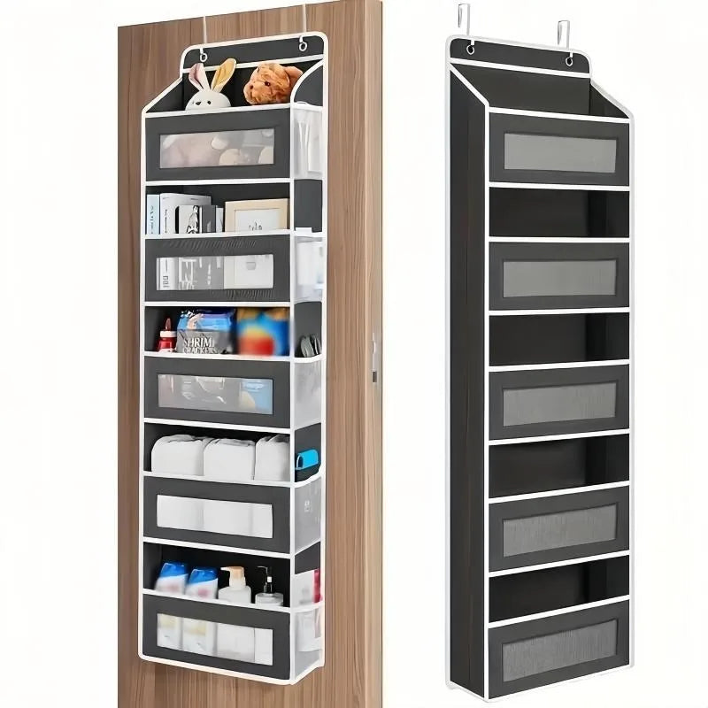 Door Hanging Storage Rack - 5+5 Pockets for Everyday Storage with 5 Large Clear & Mesh Side Pockets Over-The-Door Multi-Pocket Organizer Hangable Black Large Capacity Anti-Tilt Design Heavy-Duty