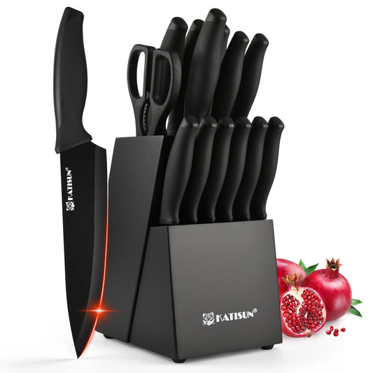15 Piece Carbon Steel Kitchen Knife Block Set With Sharpener