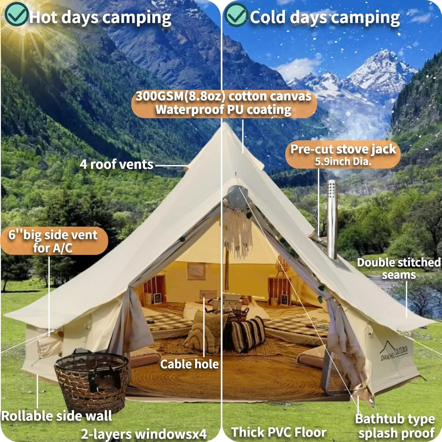 DANCHEL Outdoor B5 Waterproof Cotton Canvas Bell Tent with Stove Jacket on the roof size 4m 5m 6m for family tent