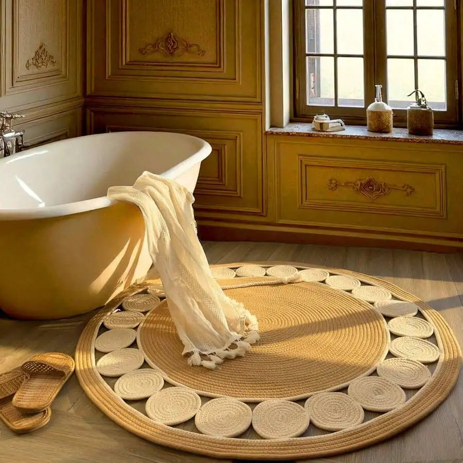 Bohemian style hand-woven linen fiber round rug, beige non-slip rug, suitable for living room, garden, bathroom, kitchen, machine washable and pet-friendly