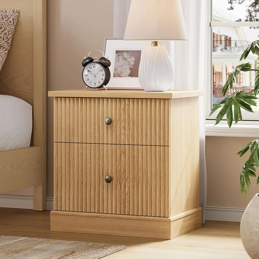 Fluted Nightstand With Drawers, Mid-Century Modern Bedside Table, Slim Storage Cabinet With Heavy-Duty 125 Lb Top For Bedroom