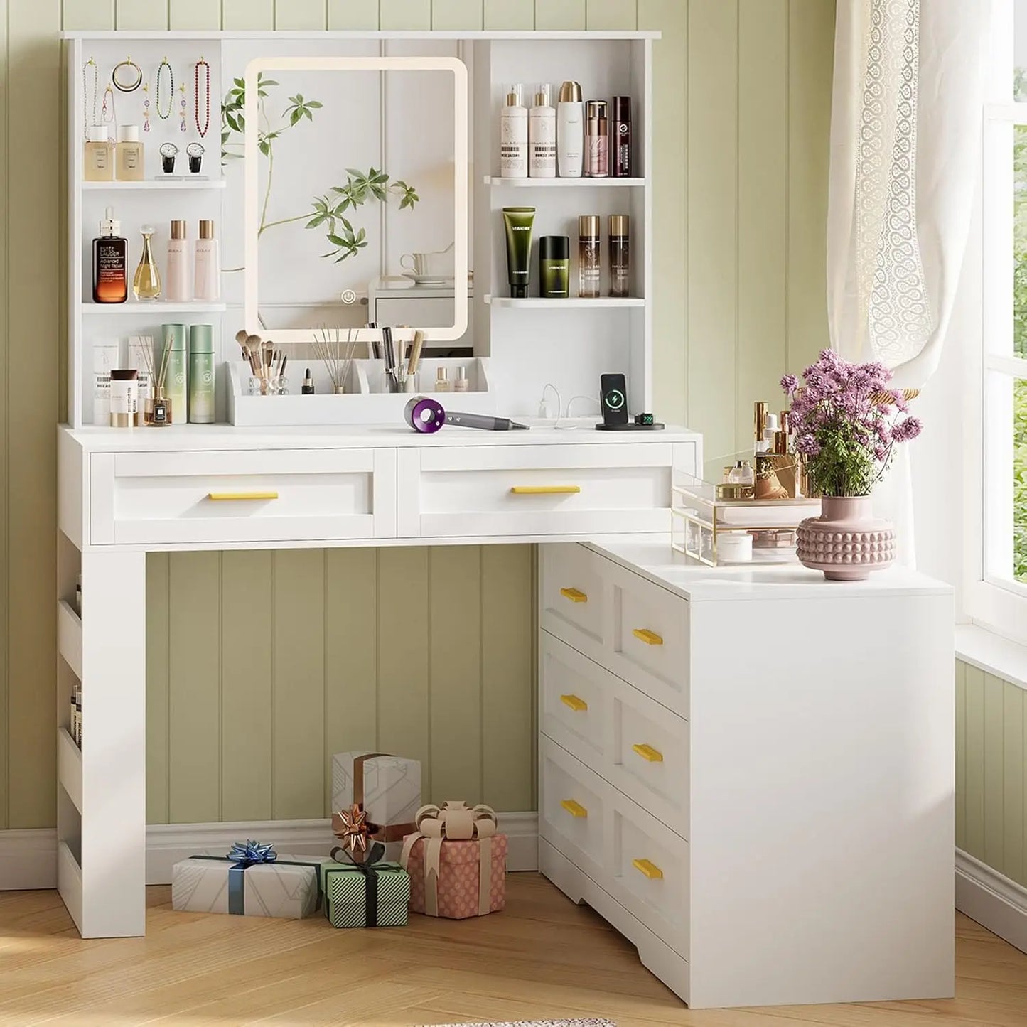 Makeup Vanity Table With Lighted Mirror And Power Outlet