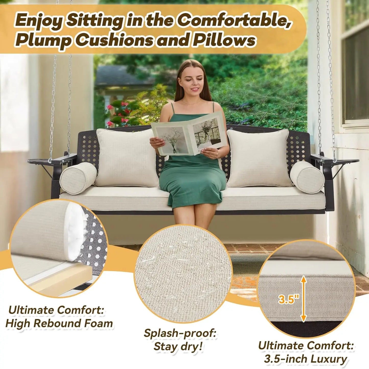 Three Seater Porch Swing With Cup Holders And Cushions