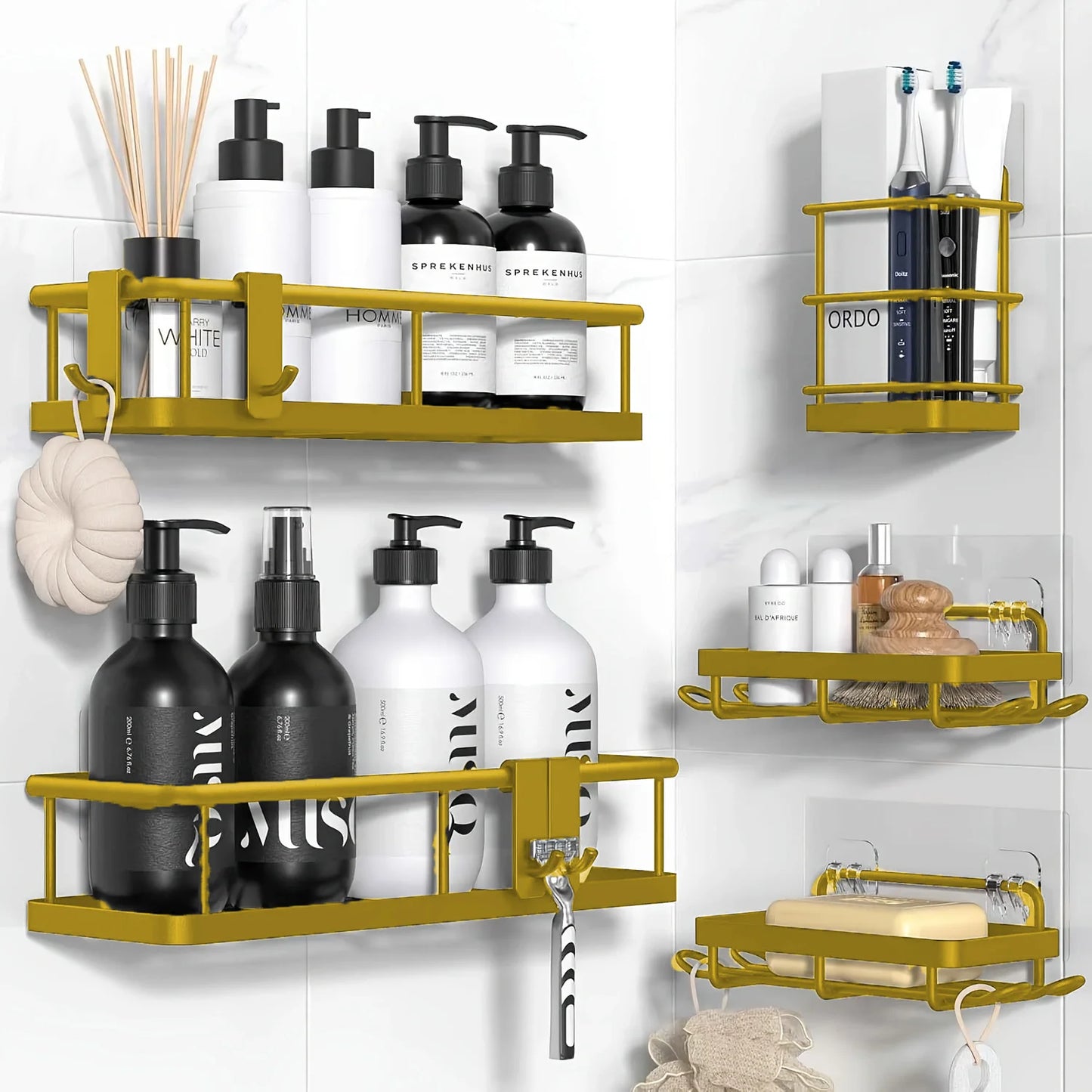 Shower Caddy Adhesive, No Drill Bathroom Shower Organizers, with Removable Hooks, Rust Proof Shower Shelves, Wall-Mounted Shower Holder
