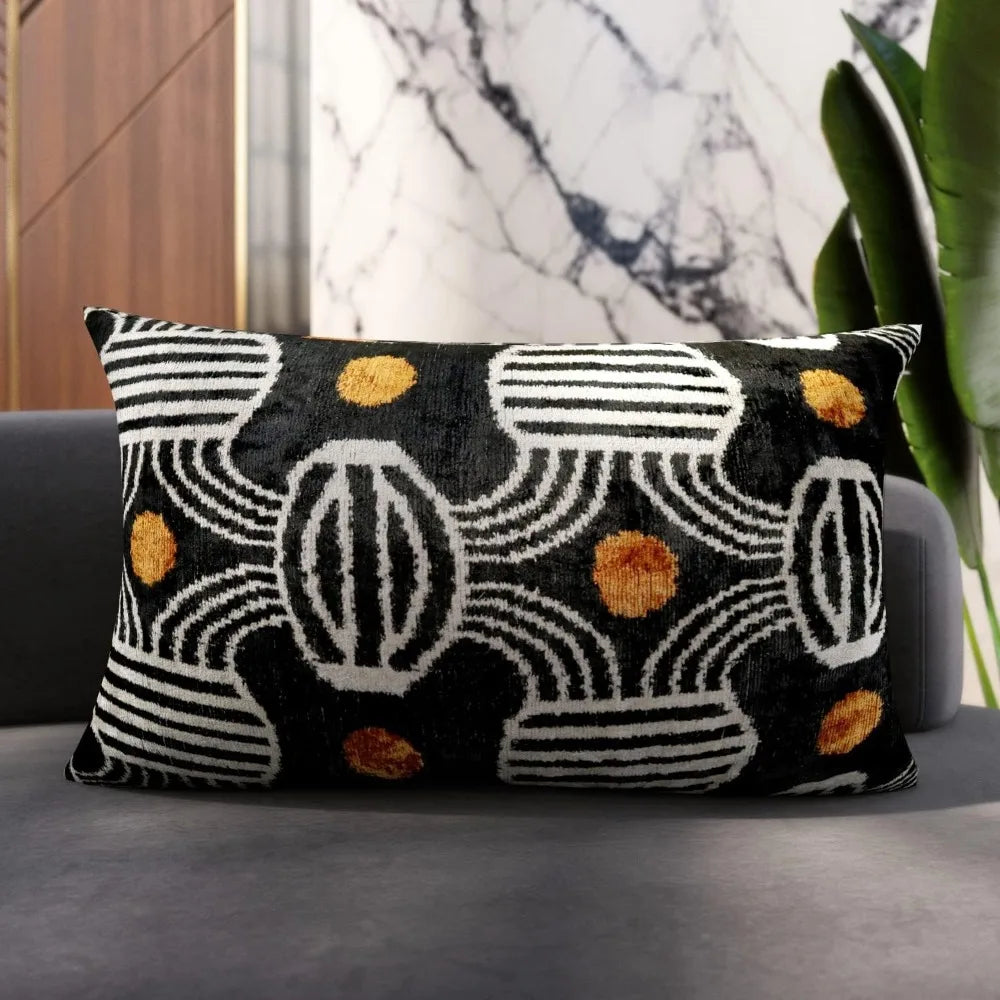 Geometric Stripe Velvet Pillow - 16x24, Luxurious Down Feather, Vibrant Orange Accents