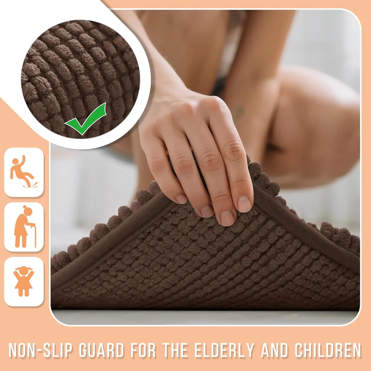 Yimobra Bathroom Rug Mat, Non Slip and Super Absorbent Bath Mat, Machine Washable Quick Dry, Ultra Plush Chenille Shower Rugs for Bathroom Floor Sink Tub and Shower Outside, Brown, 24 x 17