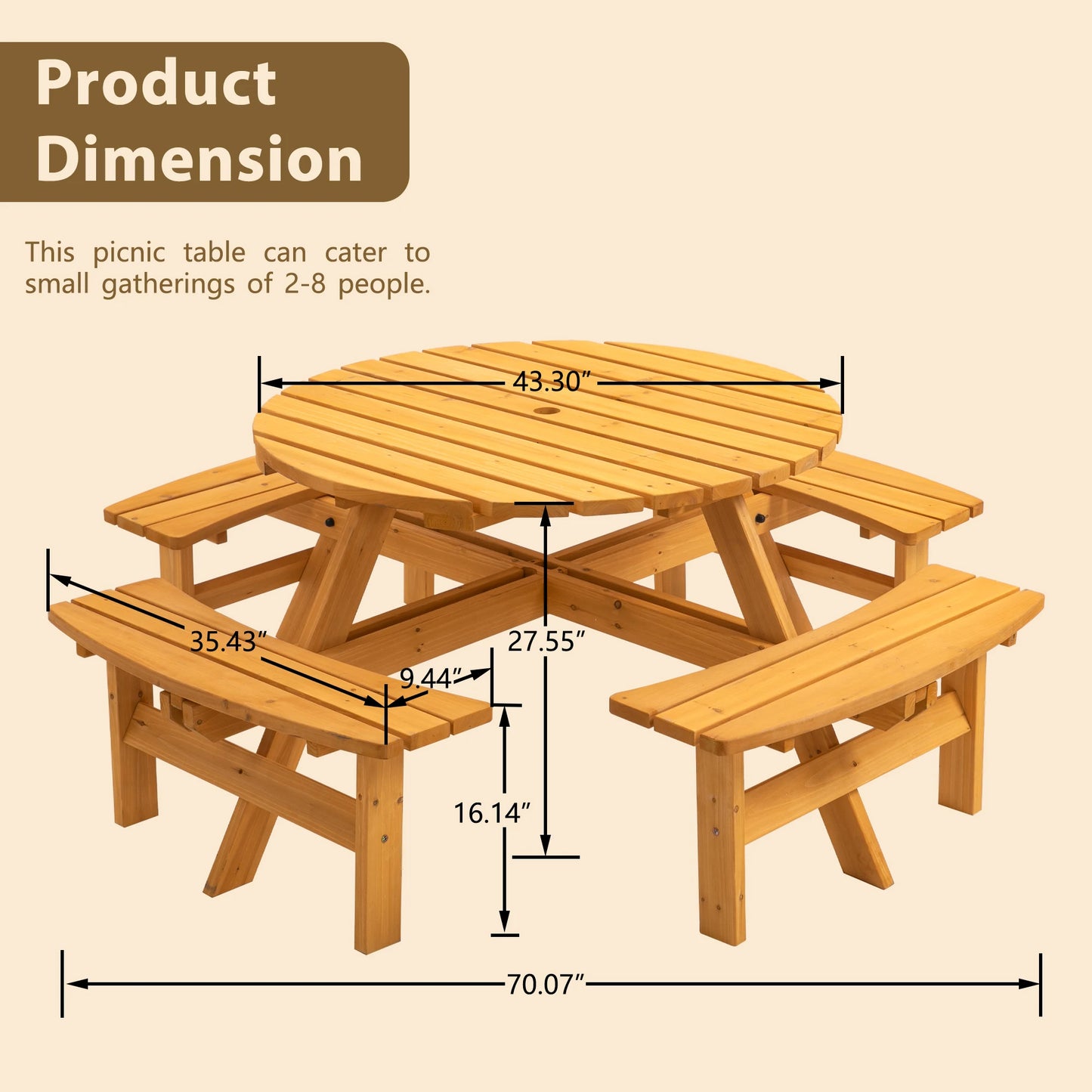 Solid Wood Round Outdoor Picnic Table Set with 4  Benches, Weather Resistant Patio Dining Furniture with Umbrella Hole for Garden Backyard Lawn BBQ Party