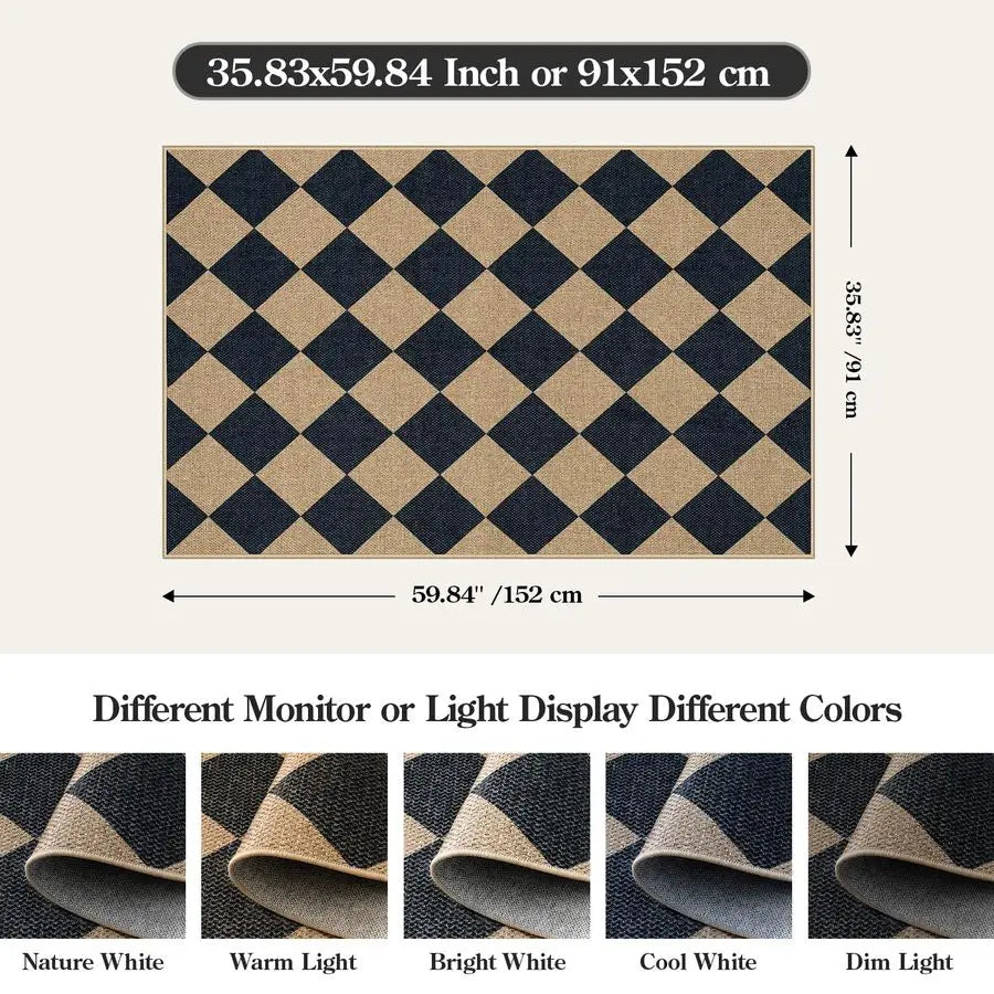 Natural Checkerboard Jute Outdoor Patio Rug For Entryway And Living