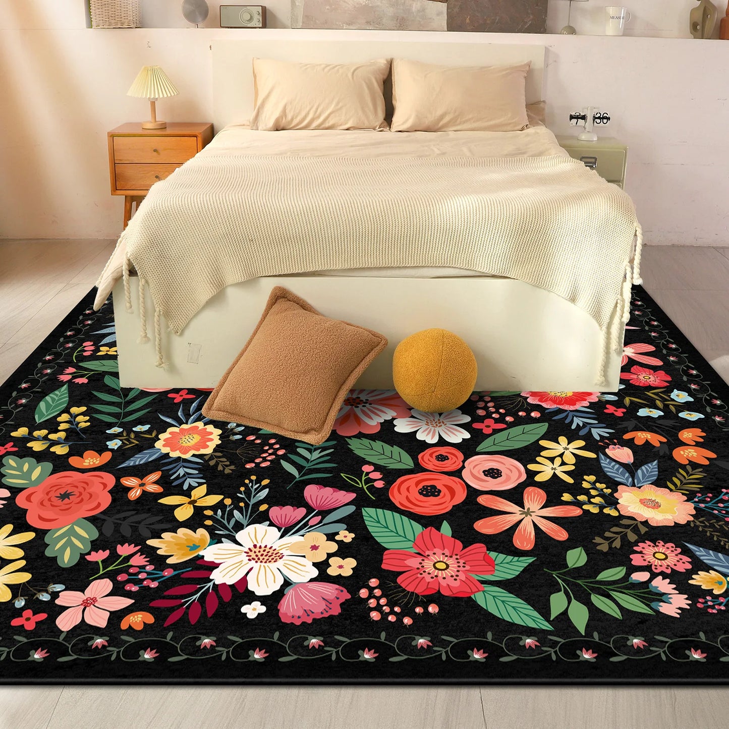 Boho Floral Washable Rug Low Pile Indoor Carpet Non Slip