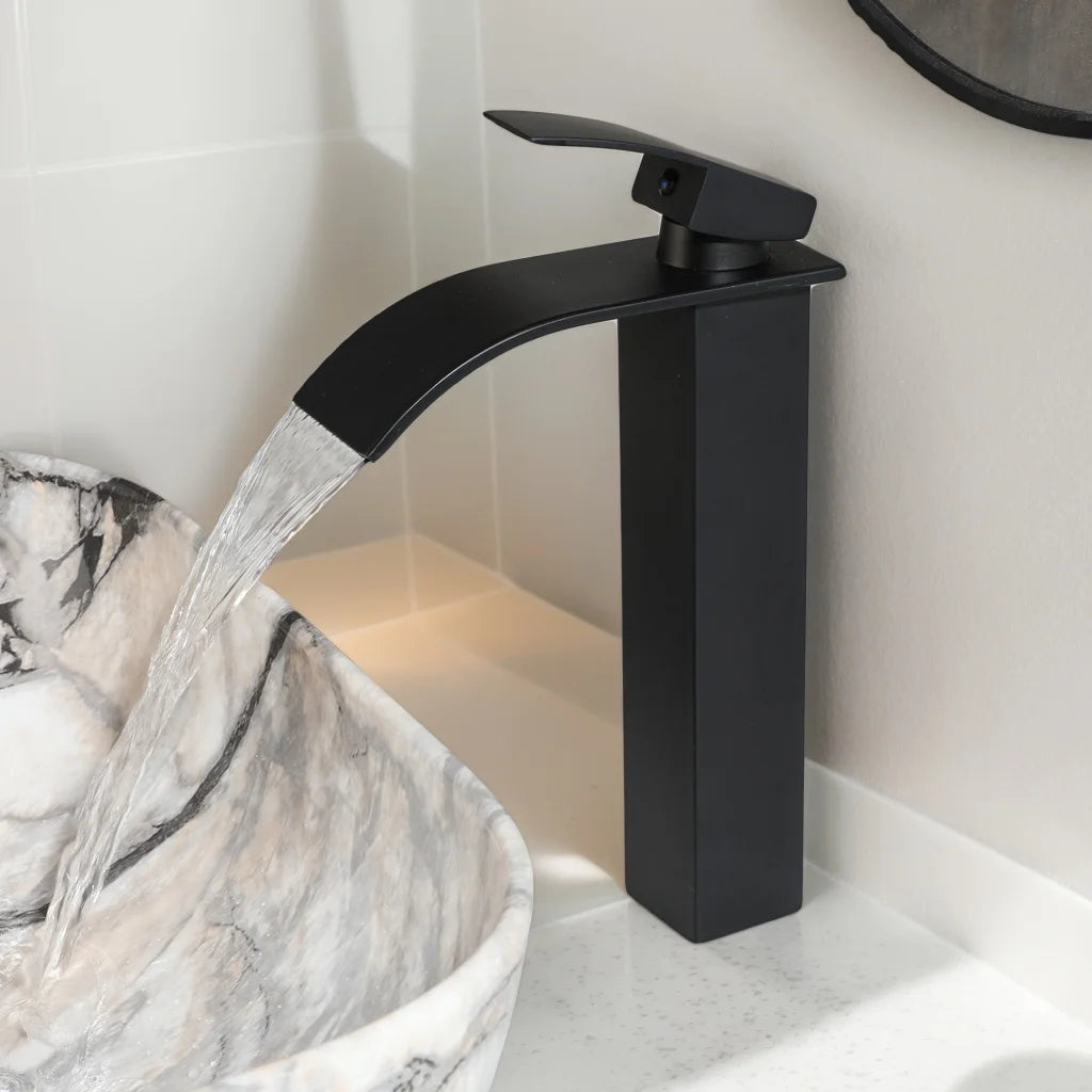KEMAIDI Marble Pattern Ceramic Bathroom Vessel Sink Set, Multiple Shape Basin with Black Faucet Above-Counter Vanity Sink Kit