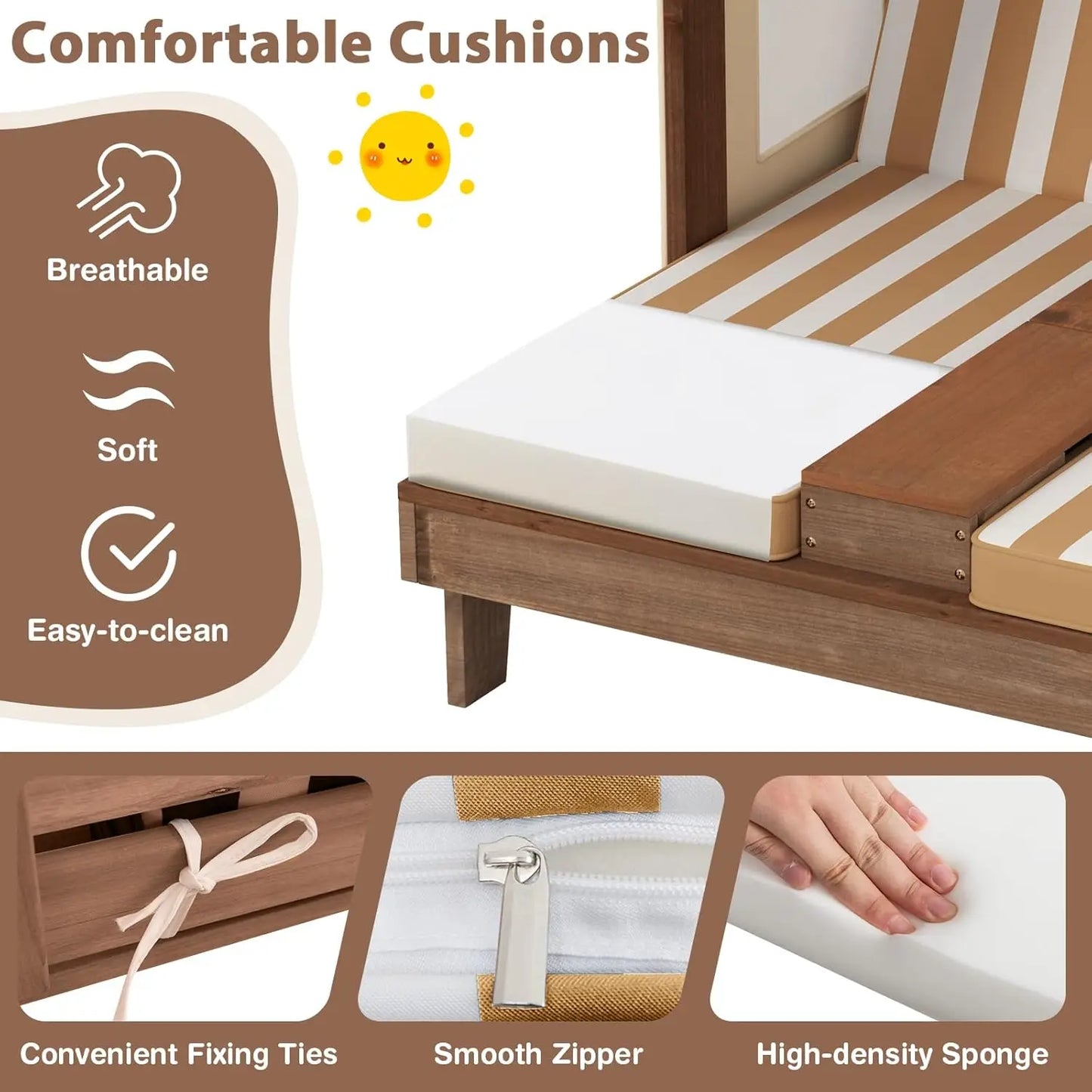 Wood Double Chaise Canopy Cup Holder Chair For Kids