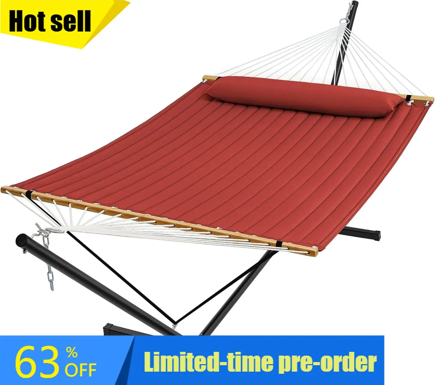 Hammock With Stand For Two People, Quilted Outdoor, Detachable Pillow