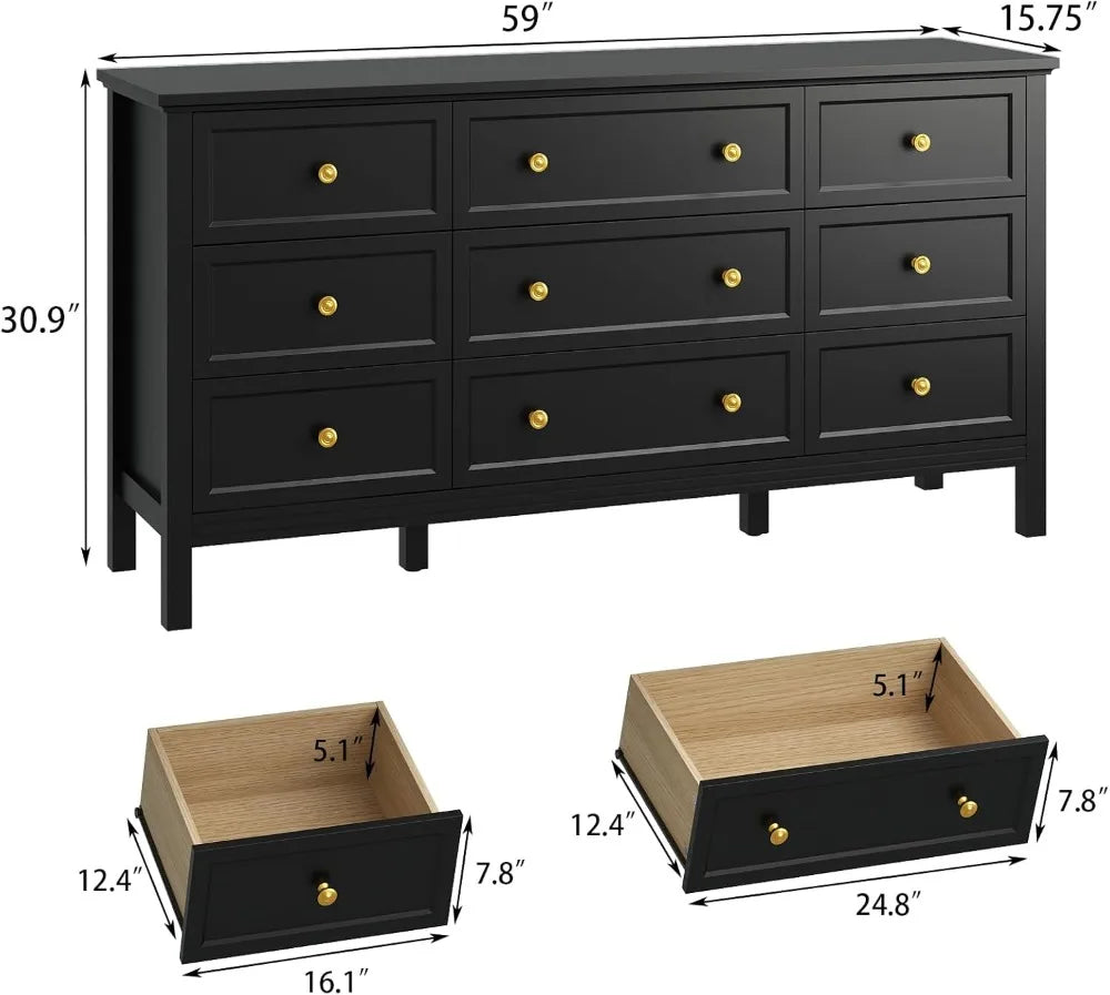 Black Dresser for Bedroom, 9 Drawer Dresser with Wide Drawers and Gold Metal Handles, 59" White and Gold Dressers TV Stand,