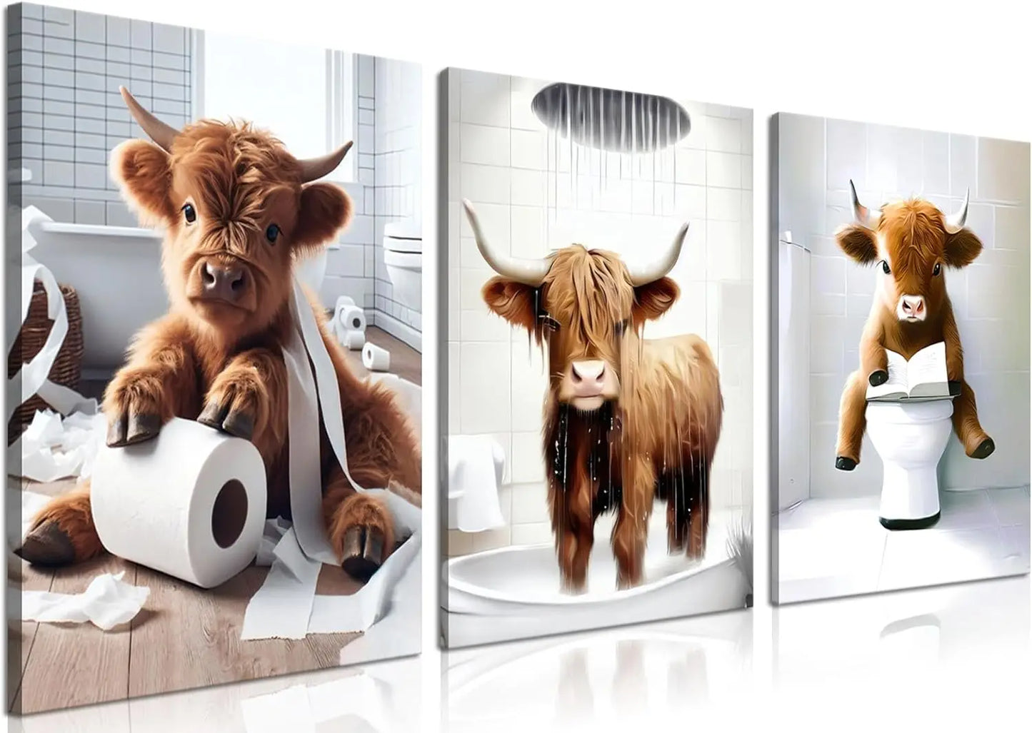 Funny Highland Cow Wall Art Set of Three Canvas Prints