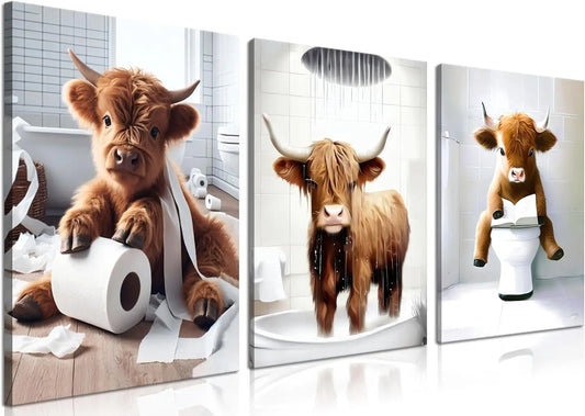 Funny Highland Cow Wall Art Set of Three Canvas Prints