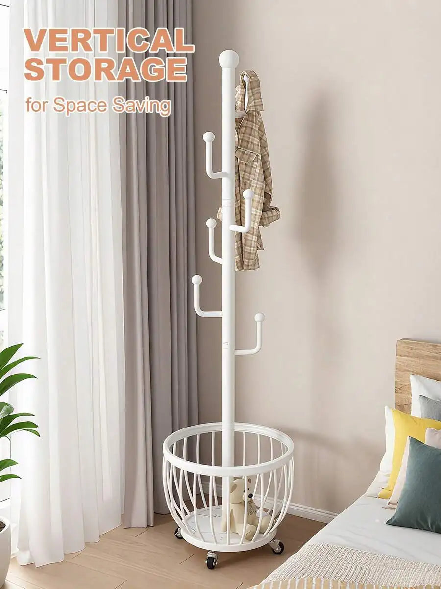 Tree Coat Rack Stand With Clothes Basket, Sturdy Freestanding Coat Rack, Purse Rack Hat Rack Stand, Clothes Rack With Metal Frame, Bedroom Storage Organizeration, Home Decor, Morden Style, Coat Stand Fits Entryway Bedroom Off