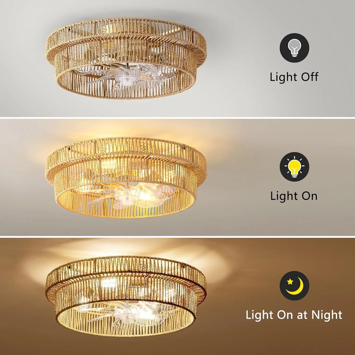 Rattan Boho Ceiling Fan with Light Flush Mount with Remote