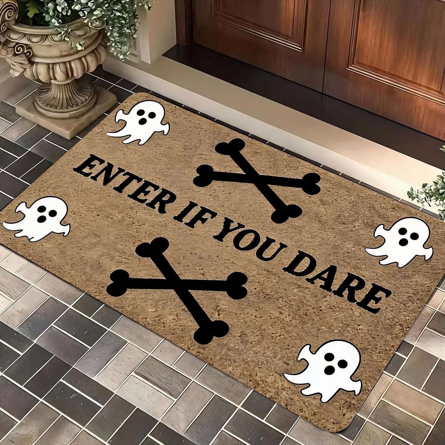 A Magical Doormat Featuring 'THE WITCH IS IN', Made of Plush Material with a Thickness of 0.4 Inches And Weighing 1.28 LB. It Has a Brown Base with a Black Star And Spell Design, for Halloween