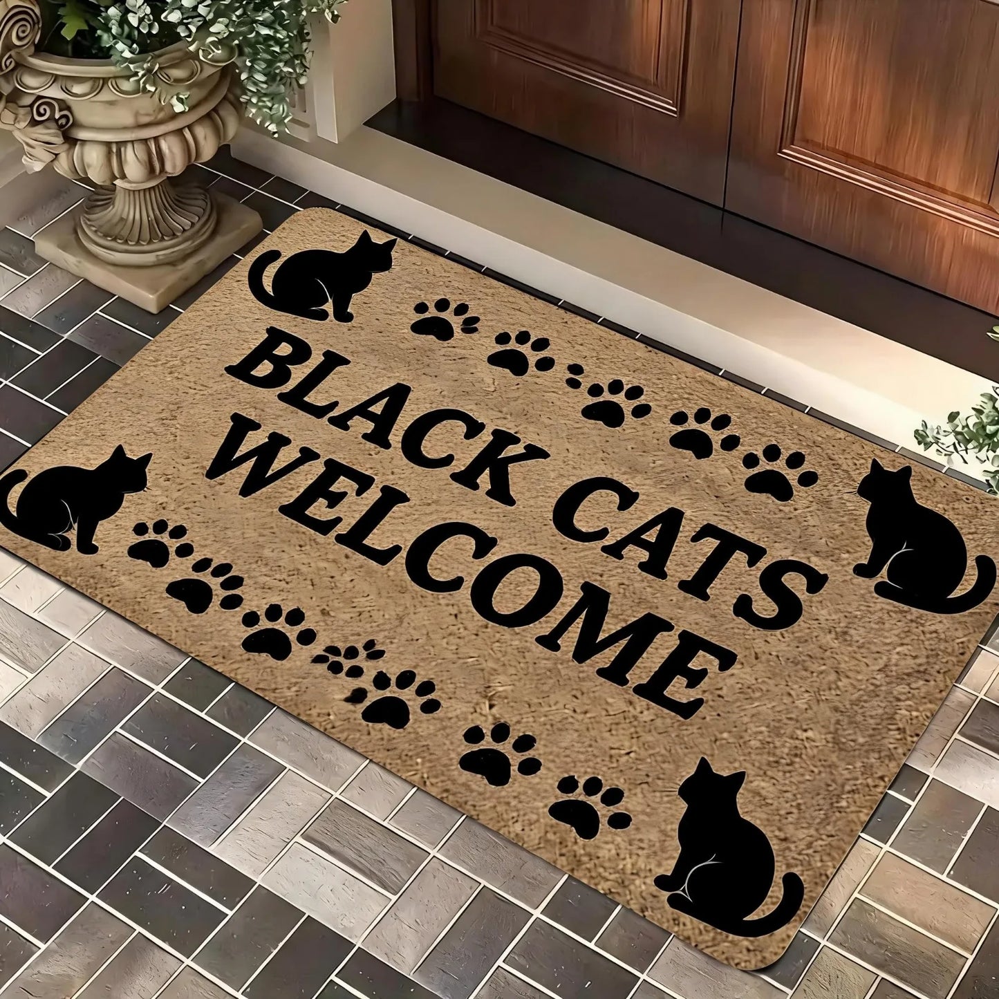 A Magical Doormat Featuring 'THE WITCH IS IN', Made of Plush Material with a Thickness of 0.4 Inches And Weighing 1.28 LB. It Has a Brown Base with a Black Star And Spell Design, for Halloween