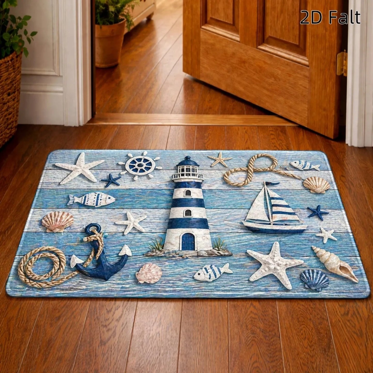 1pc Flat Printing Flannel Material Door Mat, Ocean Style Lighthouse Anchor Starfish Floor Mat, Durable and, Machine Washable, Universal Entrance Doormat Kitchen Foot Mat, for Living Room Bedroom Office Bathroom Balcony Hallwa