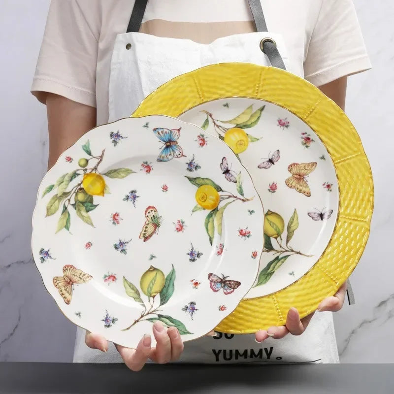European Style Ceramic Dinner Plate Elegant Lemon Pattern