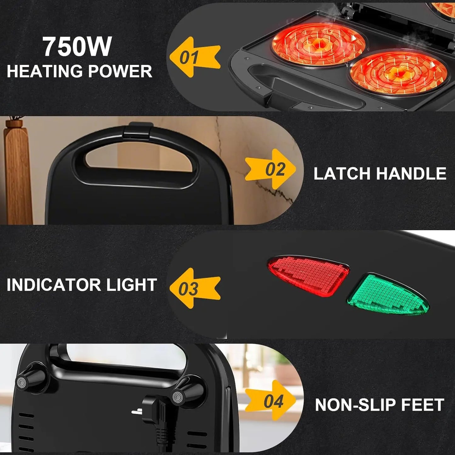 3-in-1 Sandwich Maker with Removable Plates, Panini Press, Waffle Maker, Non-Stick, 750W Compact Breakfast Grill for Sandwiches, Waffles, Steak, Black