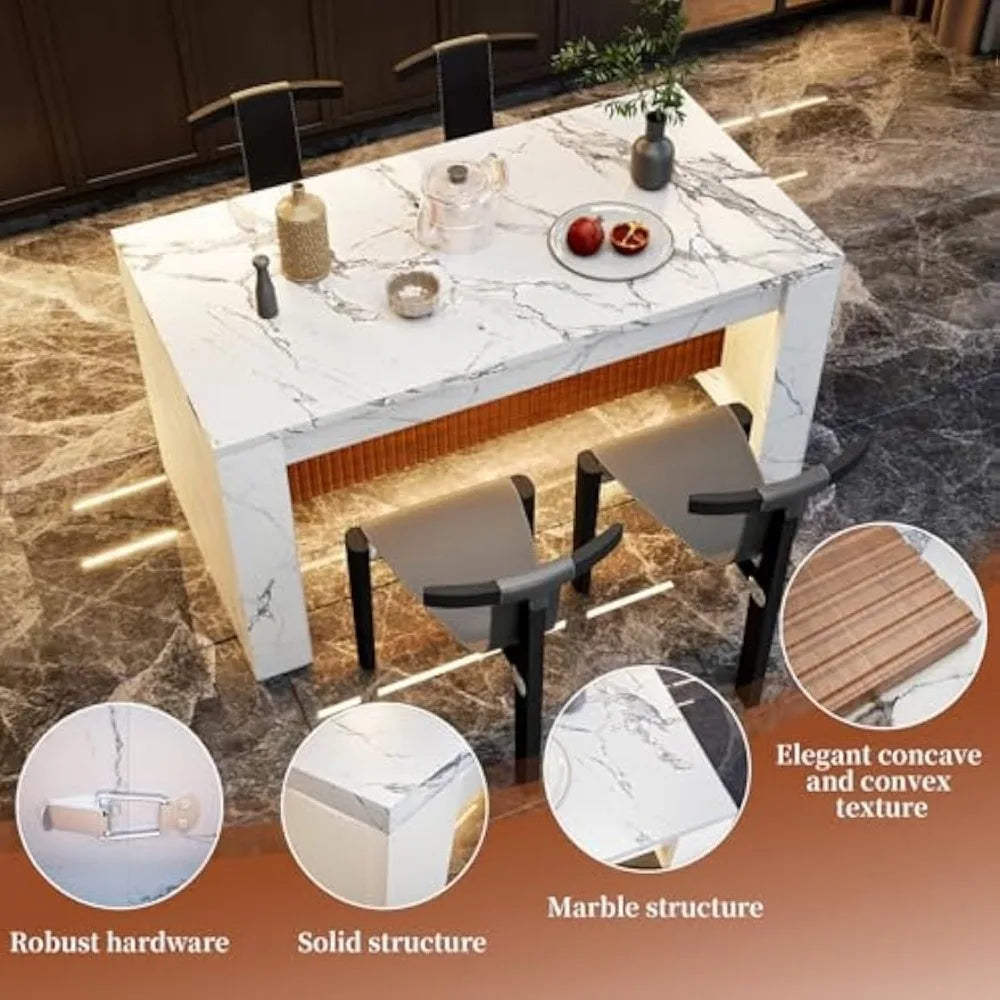 Faux Marble Dining Table With LED Lights For Modern Kitchen